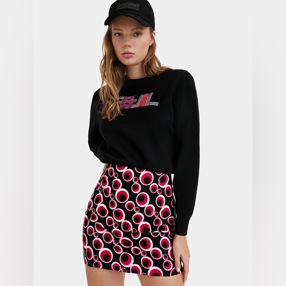 Desigual Pink Black Groovy Slim Mini Skirt FITS MEDIUM 60s Psychedelic Mod Retro